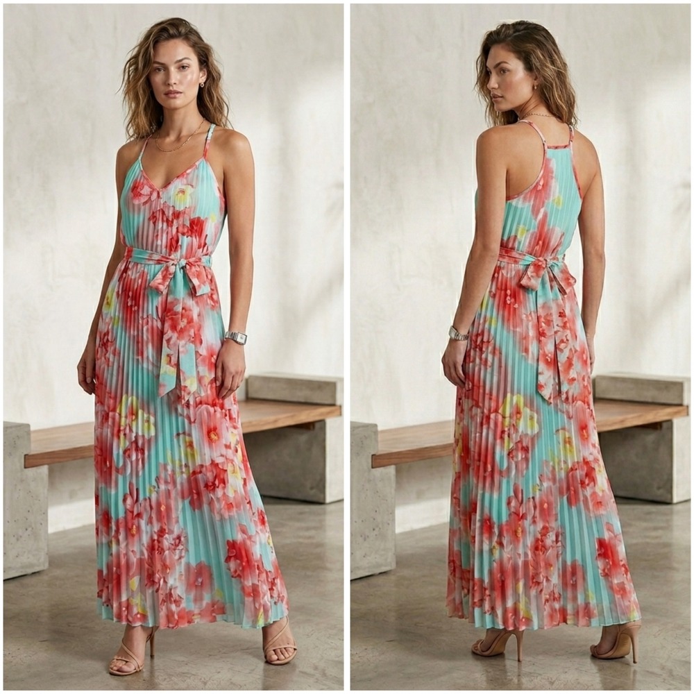 B. Darlin Aqua Coral Floral Pleated Maxi Dress Sleeveless V-Neck 5/6 I5RGF002